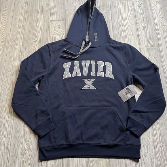 Xavier Musketeers Logo Hoodie Men’s L Blue Stadium Athletics Sewn Letters  New - Picture 1 of 12